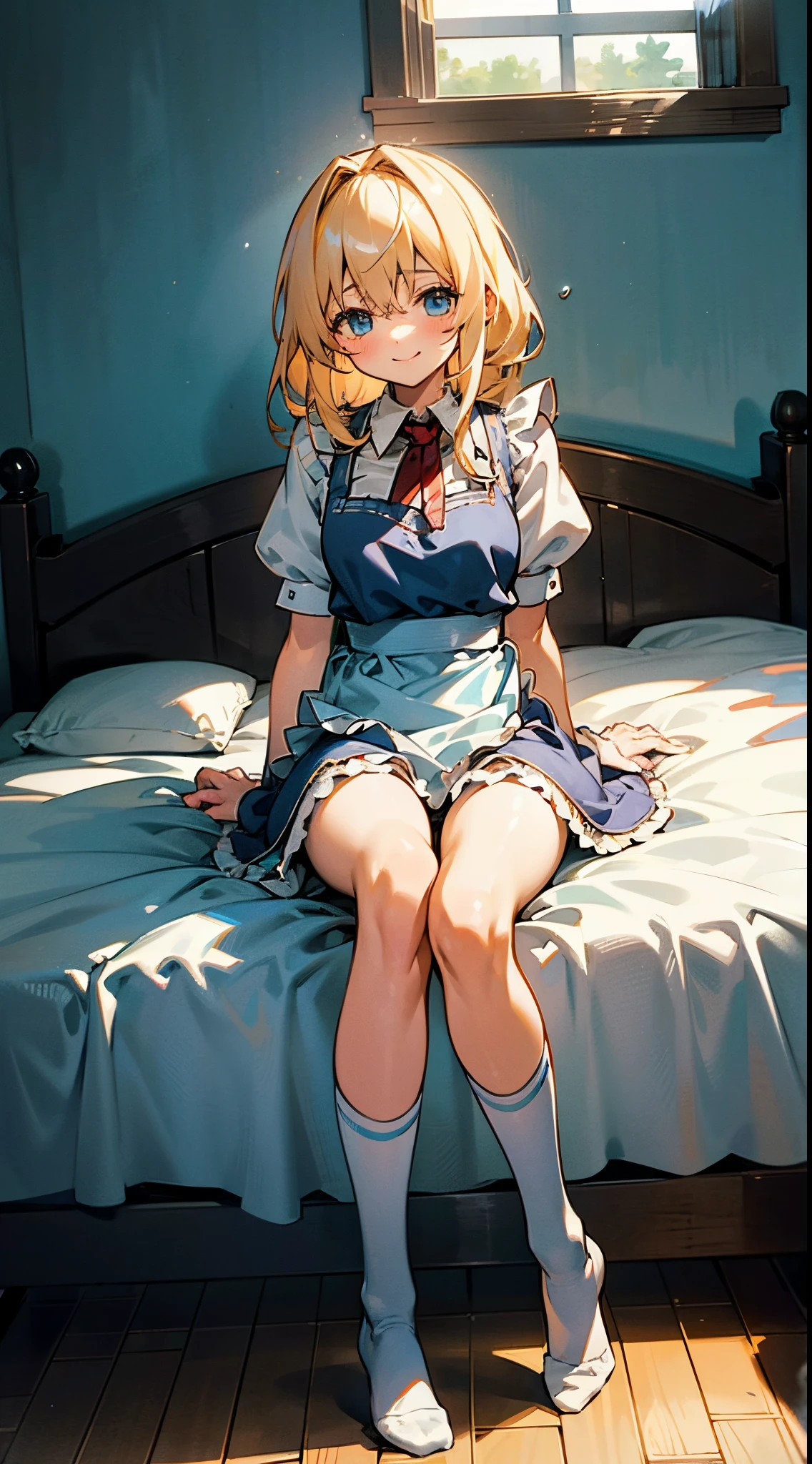 anime styled, The ultra -The high-definition, alice in the wonderland, Super cute girl, a blond, Long, shame, A sweet inviting smile, Light blue fluttering short dress, frilldの付いた白いエプロンスカートを重ねる, frilld, B-cup breasts, Light blue fluttering mini skirt, The socks are long white knee-high socks that go from the toes to mid-thigh., and draw the full body, Inside an old Western-style building, absurd worldview, window where bright sunlight shines through, Her clothes are a little disarrayed and her breasts are exposed., Pee, お漏らししてPeeが股から出て太ももを伝ってチョロチョロと細く流れている, Lie down on the bed, Free Pose