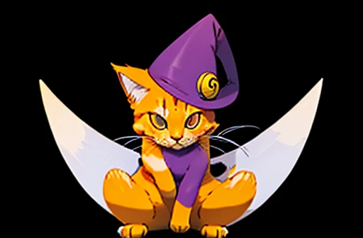 Psychic type Longhair orange cat, with a white chin, wearing a pointy purple wizard hat, sitting in front of an empty bowl of soup drawn in the style of a Pokémon card.