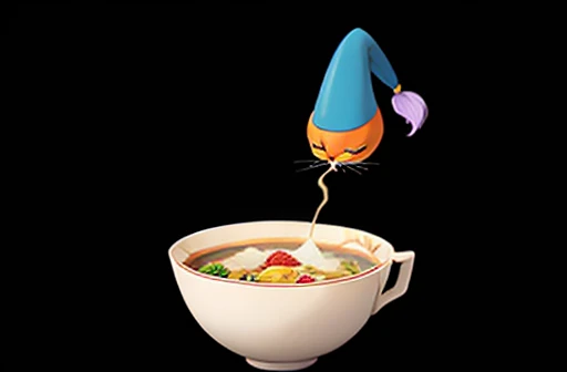 Psychic type Longhair orange cat, with a white chin, wearing a pointy purple wizard hat, sitting in front of an empty bowl of soup drawn in the style of a Pokémon card.