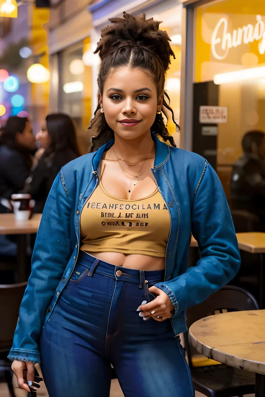 Photo of beautiful Caucasian woman, Zazie fotorrealista, Rastas, absurdos, ((con blusa azul de escote, jeans, chaqueta,)) sentada tomandose un cafe en una esquina de plaza en bogota