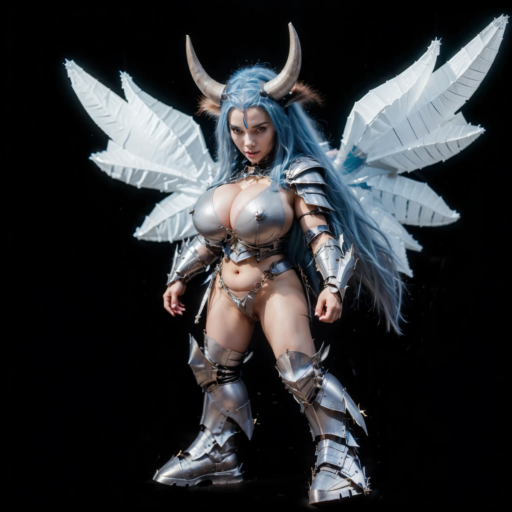 (Huge boobs:1.4), horns, long straight hair, blue hair, full body, armoured