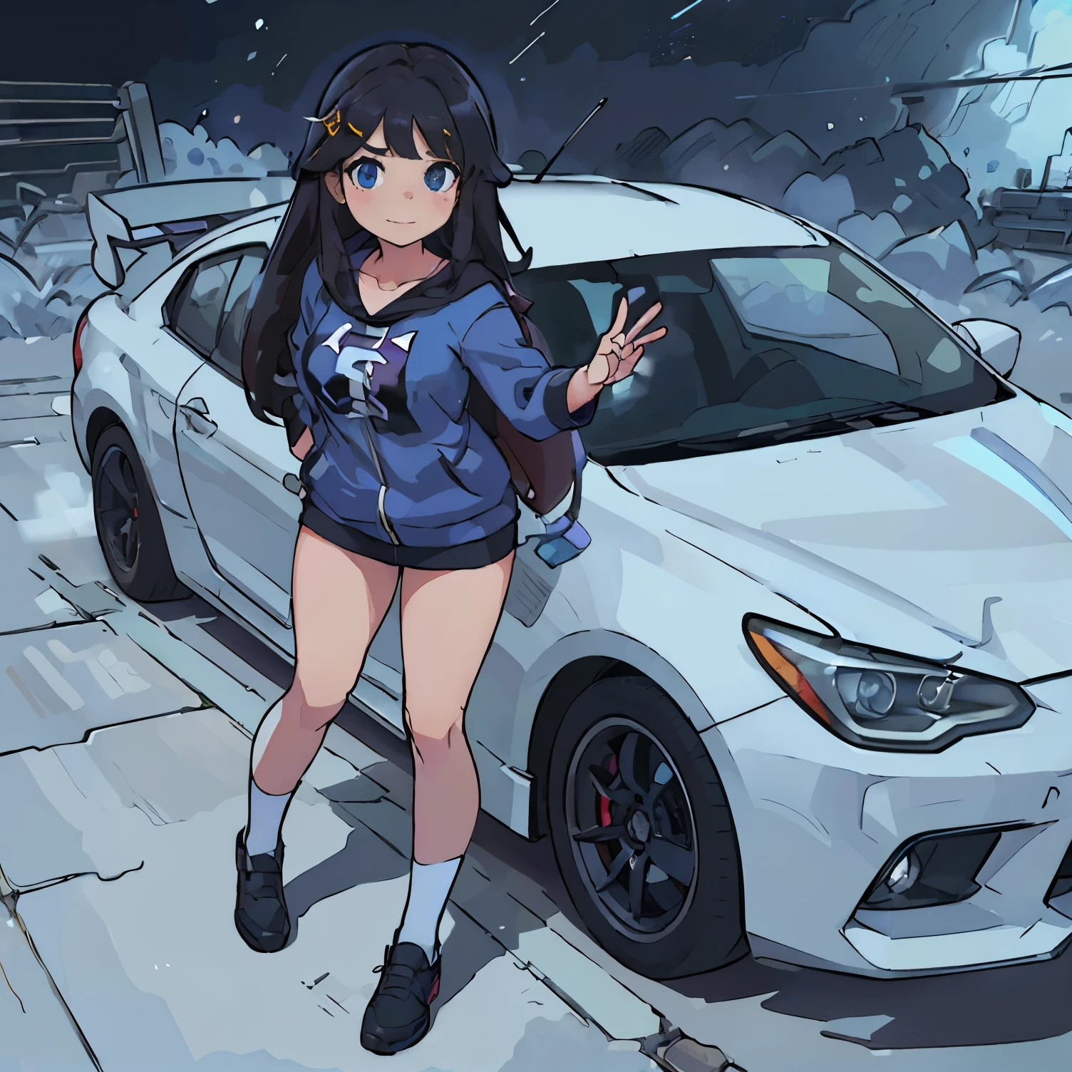 16 K, nffsw, Ray tracing, nffsw, A hyper-realistic, hight resolution, Wide angle shot, Best Quality, masutepiece, Full body image, (Perfect anatomy ), Long Black Hair, happy chuckle, Blue eyes, , Looking at the camera, morning hour, Anime style, Trending on ArtStation, wlop, sakimichan, awardwinning, amazing composition, Perfect, Great lighting, Leaning on the Prius, 1Car, Car Girl, A racing girl