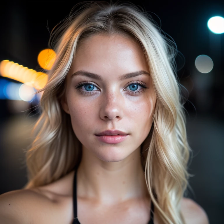 (selfie, top view: 1.4), (straight half of the body: 1.4), RAW UHD portrait photo of a 24-year-old blonde (blue-eyed woman) walking down a dark alley, large breasts,, city at night, (lingere), (neckline), details (textures! , hair! , glitter, color!! , disadvantages: 1.1), glossy eyes with high detail (looking at the camera), SLR lighting, SLR camera, ultra-quality, sharpness, depth of field, film grain (center), Fujifilm XT3, crystal clear, frame center, beautiful face, sharp focus, street lamp, neon lighting, bokeh (dimly lit), night, (night sky), detailed skin pores, oily skin, sunburn, complex eye details, full body, wavy hair