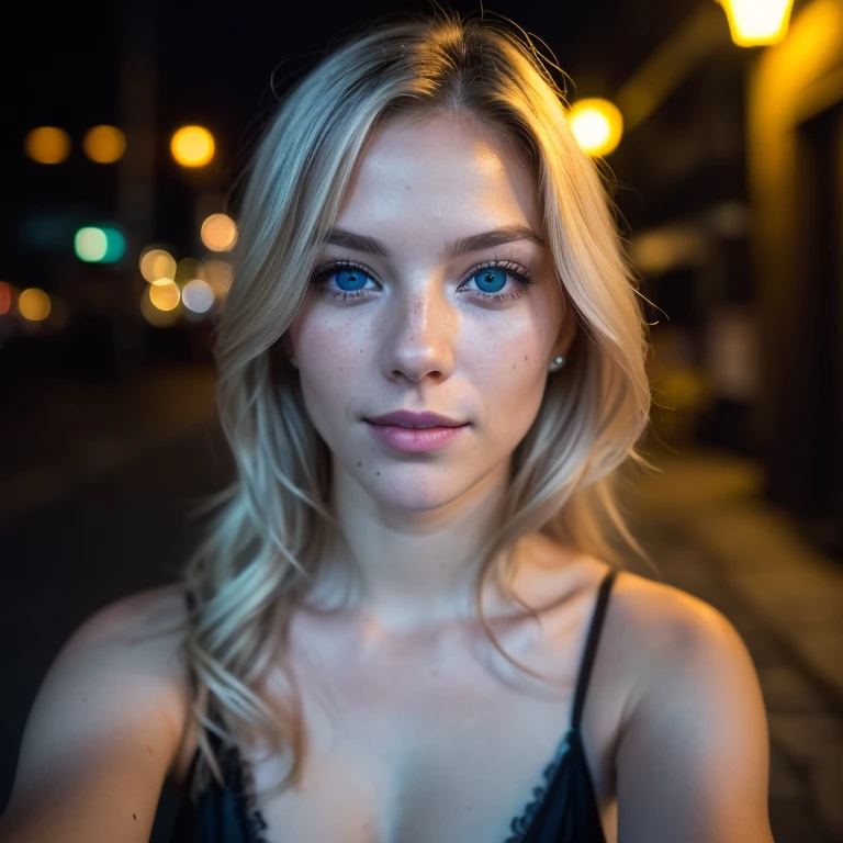 (selfie, top view: 1.4), (straight half of the body: 1.4), RAW UHD portrait photo of a 24-year-old blonde (blue-eyed woman) walking down a dark alley, large breasts,, city at night, (lingere), (neckline), details (textures! , hair! , glitter, color!! , disadvantages: 1.1), glossy eyes with high detail (looking at the camera), SLR lighting, SLR camera, ultra-quality, sharpness, depth of field, film grain (center), Fujifilm XT3, crystal clear, frame center, beautiful face, sharp focus, street lamp, neon lighting, bokeh (dimly lit), night, (night sky), detailed skin pores, oily skin, sunburn, complex eye details, full body, wavy hair