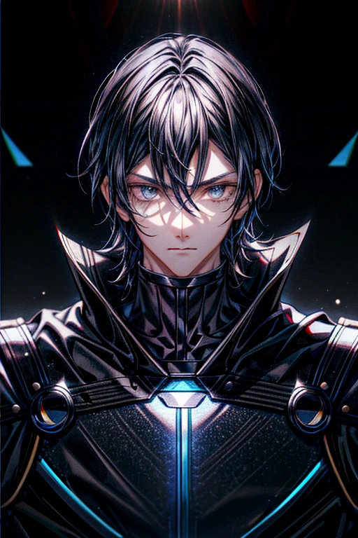 1boy, black hair, black omega armor, blue eyes, hair between eyes, cool pose,cool background stylish outfit ,trending on artstation, 8k resolution, highly detailed, anatomically correct, sharp image, digital painting, concept art, trending on pixiv, style of makoto shinkai,