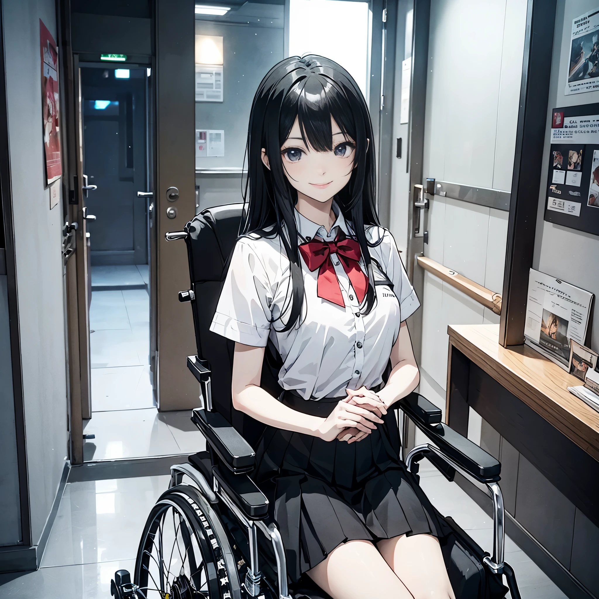 female with long black hair,A woman wearing a high school uniform sitting in a wheelchair(wheelchair 1.3)(Uniform 1.5)(Fascinating smile 1.5)(grinning smile 1.6)(1 black supporter on both arms.5)(Background hospital corridor 1.5)(Detailed full body display 1.5)(Girl 1.8)style of anime4 K,anime rendering,style of anime。in 8K,(Cinematic Lighting 1.5)(Master masterpieces:1.4)(Ultra High Definition1.5)(Best quality1.5)