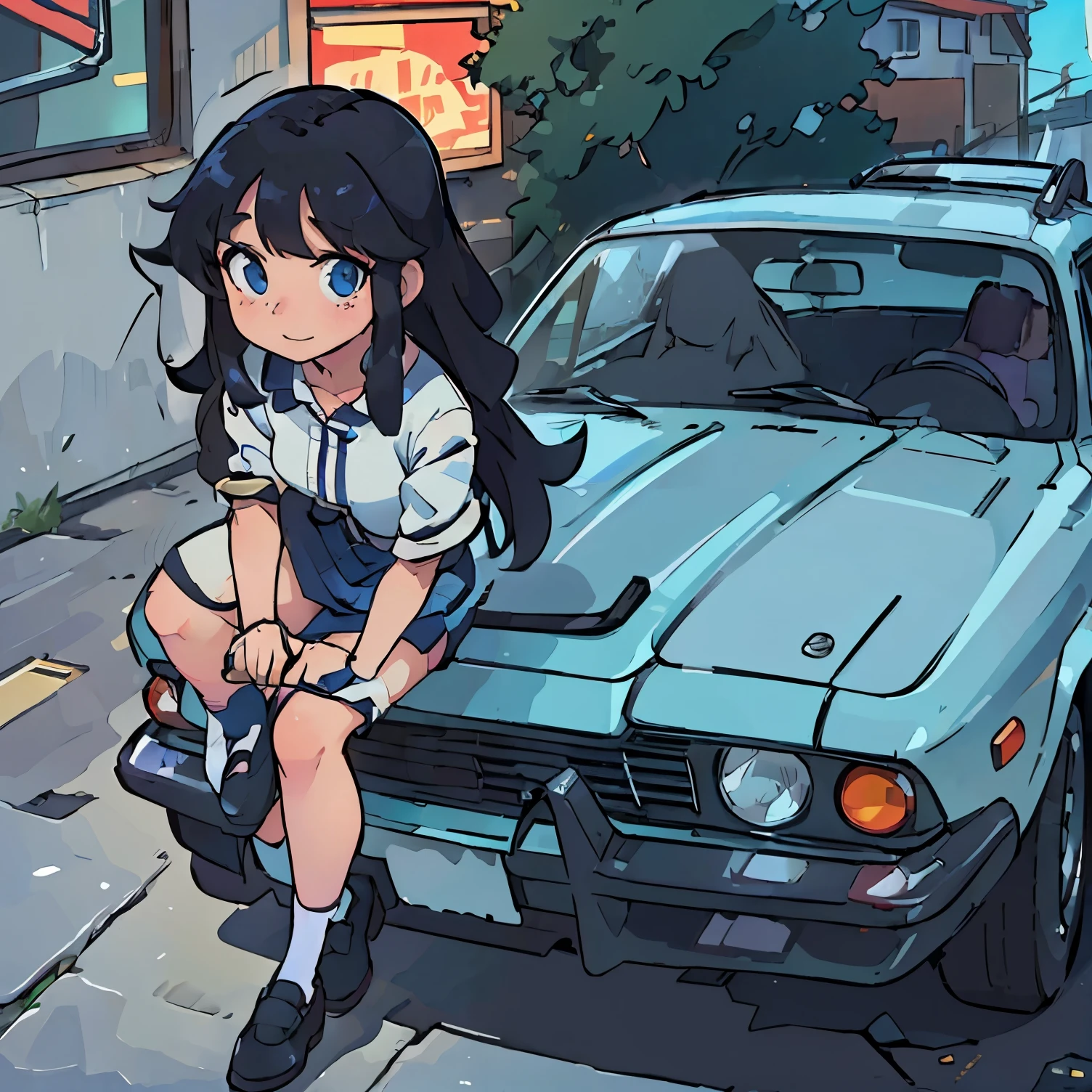 16 K, nffsw, Ray tracing, nffsw, A hyper-realistic, hight resolution, Wide angle shot, Best Quality, masutepiece, Full body image, (Perfect anatomy ), Long Black Hair, happy chuckle, Blue eyes, , Looking at the camera, morning hour, Anime style, Trending on ArtStation, wlop, sakimichan, awardwinning, amazing composition, Perfect, Great lighting, leaning against a classic car, 1Car, Car Girl, A racing girl