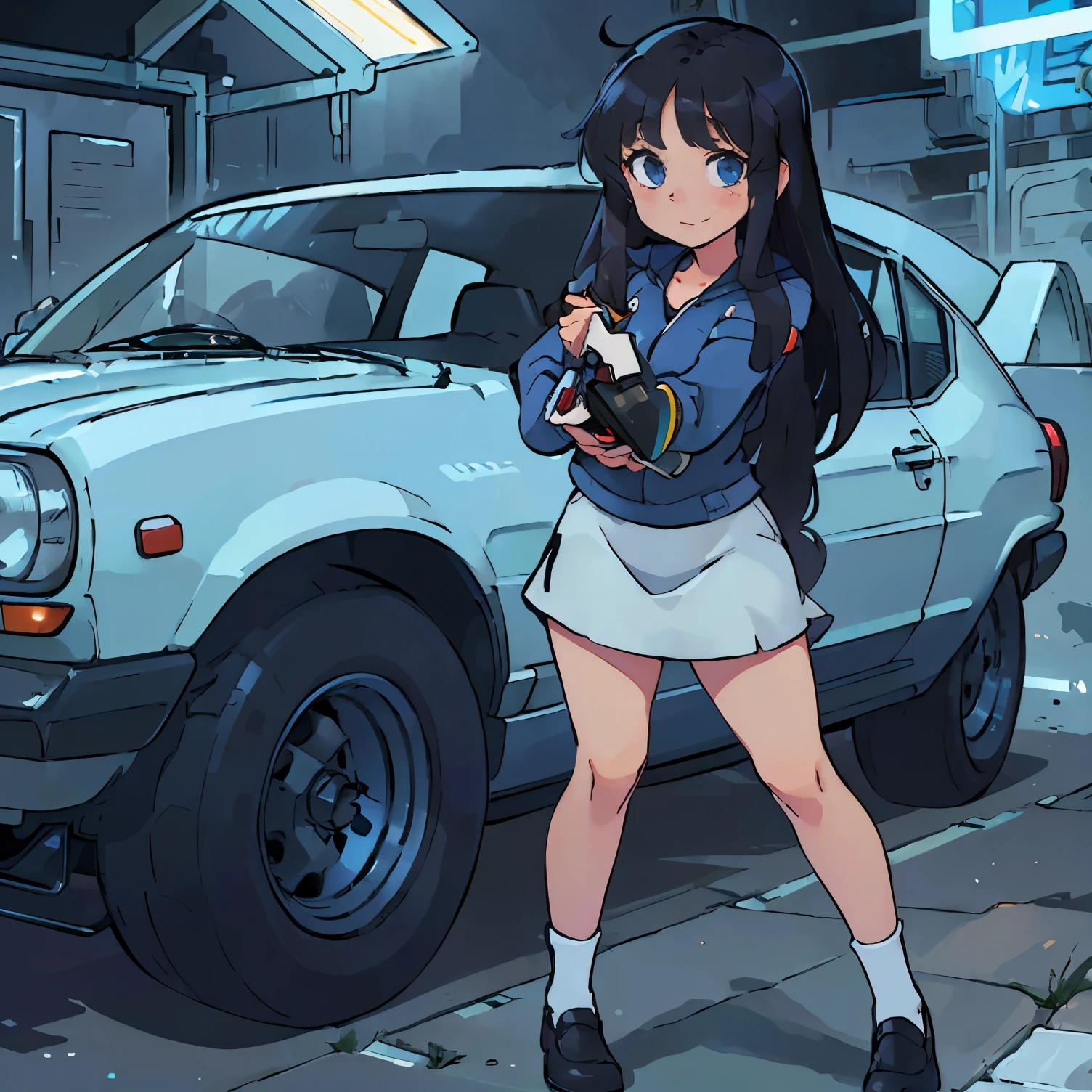 16 K, nffsw, Ray tracing, nffsw, A hyper-realistic, hight resolution, Wide angle shot, Best Quality, masutepiece, Full body image, (Perfect anatomy ), Long Black Hair, happy chuckle, Blue eyes, , Looking at the camera, morning hour, Anime style, Trending on ArtStation, wlop, sakimichan, awardwinning, amazing composition, Perfect, Great lighting, leaning against a classic car, 1Car, Car Girl, A racing girl