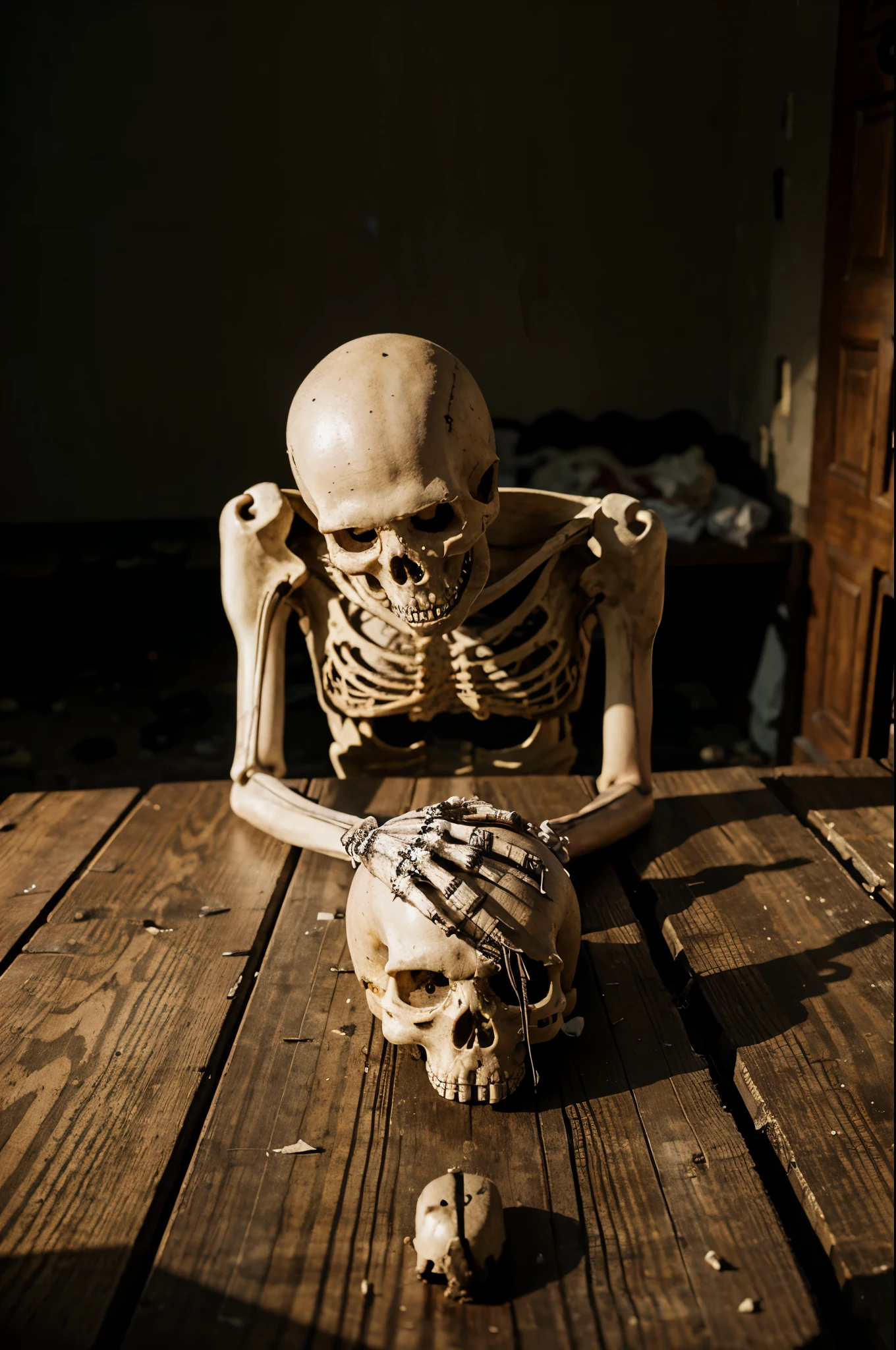 sad skeleton situation next to the table in abandoned castle