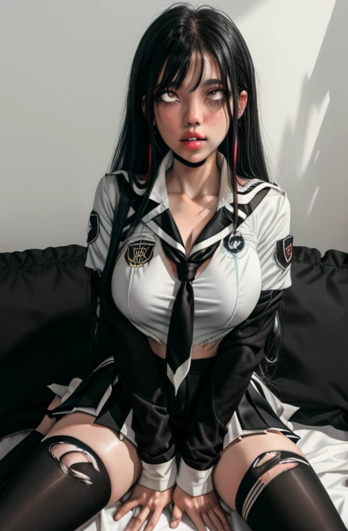 (full figure:1.1), 1 girl as yukino yukinoshita, absurdres, highres, solo, school uniform, big breasts, waist long black hair, (twintails:0.5), (pleated miniskirt:1.2), (black thighhigh socks:1.2), loose red ribbon, unbuttoned white shirt, (ahegao:1.5), (rolling eyes:1.5), (torn clothes:1.5), naked breastss, spread legs