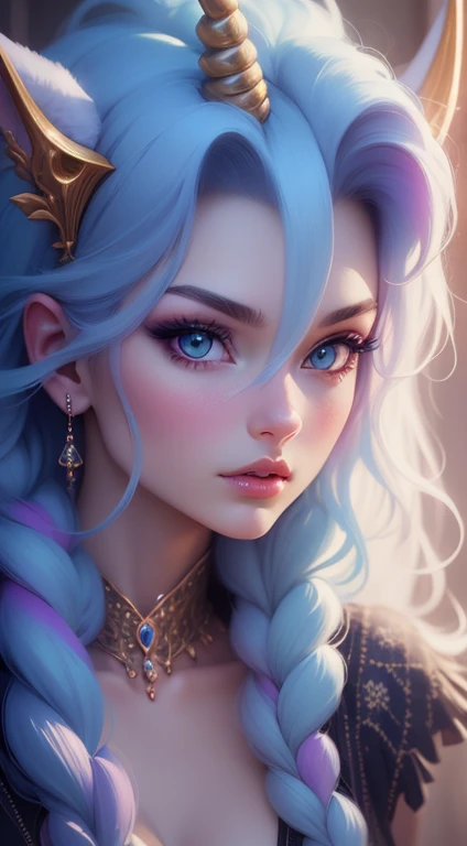 {-erro_de_anatomia:1.0} There is a white unicorn girl, blue mane and long mane, white unicorn, unicorn, unicorn horns, A unicorn, celestia, Nine stories, blue unicorn, soft dreamy, cinematic light《fangs》Unicorn in, mythological creatures, a mythical creature, Pokémon illustration, unicorns, a glaceon princess, Auroracore, ghostly iridescent, image good for rendering, unicorn girl, close up the face, portrait.