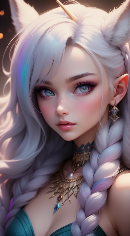 {-erro_de_anatomia:1.0} There is a white unicorn girl, blue mane and long mane, white unicorn, unicorn, unicorn horns, A unicorn, celestia, Nine stories, blue unicorn, soft dreamy, cinematic light《fangs》Unicorn in, mythological creatures, a mythical creature, Pokémon illustration, unicorns, a glaceon princess, Auroracore, ghostly iridescent, image good for rendering, unicorn girl, close up the face, portrait.