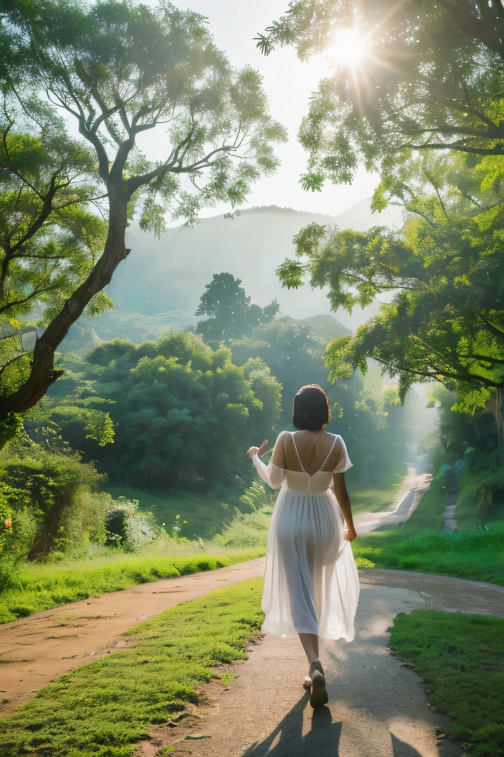 (Best Quality,8k,Absolutely beautiful:1.2),(Beautiful、Beautiful realistic woman),Model costumes、Perfect body、Beautifulなskin、Beautiful limbs、gravure、Universal beauty、View of the valley、thick mist、big tree:1.5、Yamabiko:1.4、Professional filming、artistic、