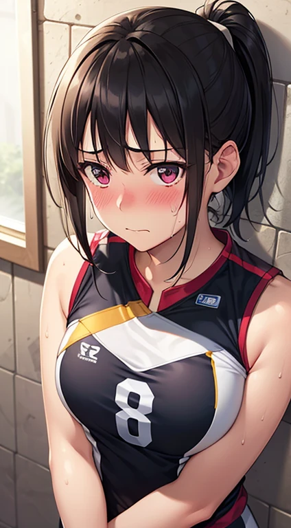 Realistic,、One wall, Wide Angle,1girl in、Black ponytail, Shy, embarrassed, blushed, Wide Angle, POV, From above, llight rays, Glow, (masutepiece), 18year old、face to the viewer、Bring your chest together、Focus on the chest、Volleyball uniforms、Wearing sweat