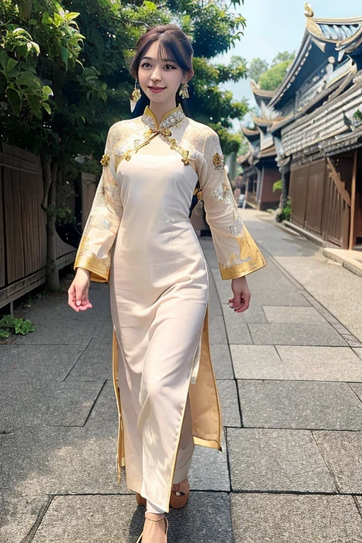 best quality, top quality, RAW photograph, (16K, best aesthetic:1.2), ((hyper realistic, ultra high res, finely detailed:1.1)), (correct anatomy:1.5), pov, summer, evening, sunset, outdoor, Asian town, alley, 1 girl, Japanese teen, solo, (full body:1.4), 15 years old, (brown hair:1.2), ((SINGLE hair bun:1.3)), ((tan:1.4)), detailed skin, dark eyes, highly detailed eyes, extremely detailed nose, (tall nose:1.5), extremely detailed lips, (light smile:1.3), ((Ao Dai:1.5)), ((walking:1.4)), (skinny:1.1), (tall:1.2), (medium breast:1.5),
