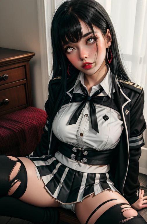 (full figure:1.1), 1 girl as yukino yukinoshita, absurdres, highres, solo, school uniform, big breasts, waist long black hair, (twintails:0.5), (pleated miniskirt:1.2), (black thighhigh socks:1.2), loose red ribbon, unbuttoned white shirt, (ahegao:1.5), (rolling eyes:1.5), (torn clothes:1.5), naked breastss, spread legs