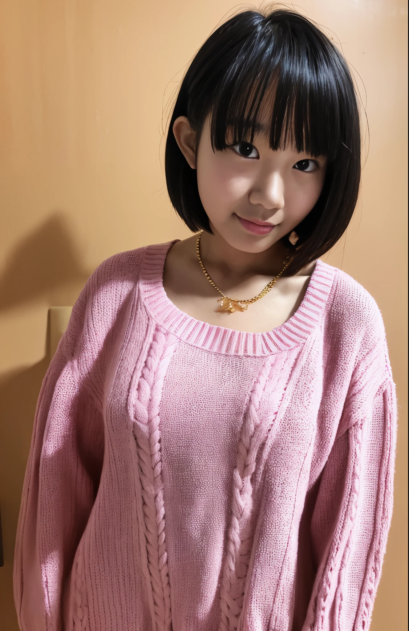 (Best Quality, 8K, 32K, masutepiece, nffsw:1.2),Photo of Pretty Japanese woman, Large breasts, Very short bob hair,Upper body,(Oversized_Sweaters,:1.1) Necklace, Simple background, looking at around