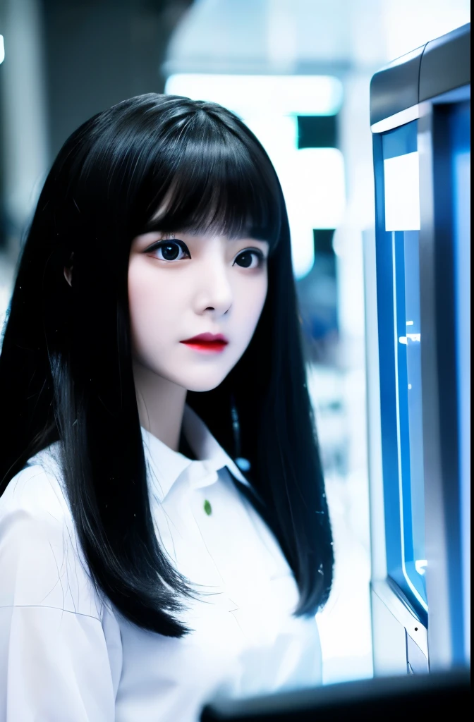 All white mannequin doll(30-years old　Wearing a uniform　Black straight hair　Bangs Patsun　elongated face)　Touching a computer