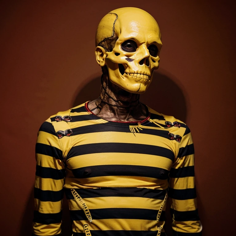 yellow skeleton in striped suit, icon, otomo katsuhiro style, black and red