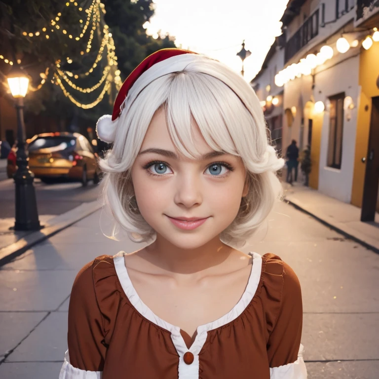 hemosa chica adolesente , hermosa chica americana , caucasica  , 15 years ,una mujer joven con cabello blanco , largo pelo blanco , chica albina , ojos azules , ella esta sola , Es de noche, pecas en mejillas , wear christmas dress, vestido de santa claus , disfraz de santa claus , obra maestra, luz cinematografica, sonriente, feliz, cuerpo completo , fondo variado , chica alvina , largo cabello blanco , Christmas decorations , chica coqueta , con rasgos finos , sexy , cuerpo completo