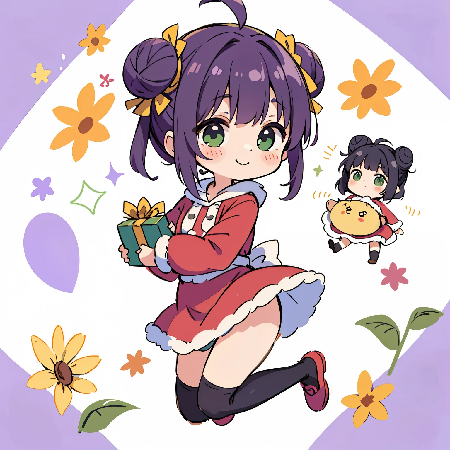 ((Best Quality)), (((masuter piece)))、Solo、Perfect face,(((Violet hair)))、faded green eyes、(bobhair)、short-hair、(((two bun hairstyle)))、Ahoge、(a smile)、((Santa Claus Costume))、(((Black Knee High Socks)))、hoodie style costume、sunflower accessories、sunflower hair tie、,the pose、energetic the pose、((Chibi Chara))、瞳に☆の形の模様がある