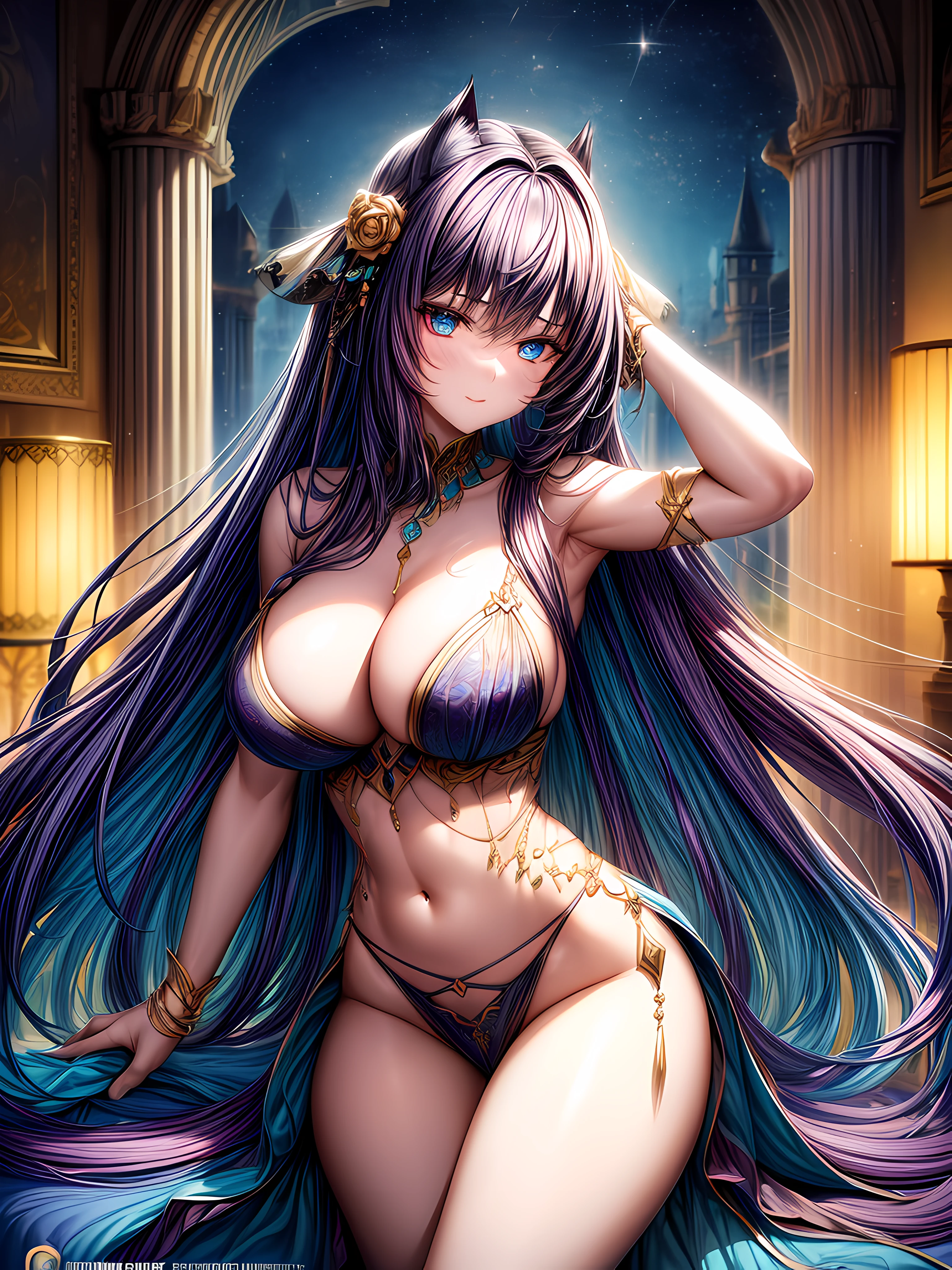 Cat's ears, The hair is purple, THe glow of tHe rainbow envelops Her,Golden light in aquamarine oriental tent、Belly dancer in long wHite dress and blue blouse , Iridescent sky, Crystal Ocean, Life at sea,tHe golden Hour, focus on cHest, Focus on The eye, The eye open, Nipple exposure , cyber punk perssonage, Full focus, Focus on tHe face, The eye, Nose and closed moutH , ultra detailed artistic pHotograpHy, midnigHt aura, nigH sky, Delicate and gorgeous face, dream-like, blazing, Back ligHting, carismatic, a slight light, sHadowy, Oil painting on canvas, brusHstrokes, SmootH, Ultra HigH definition, 8K, unreality enginee 5, Ultra SHarp Focus,, Art germ, RoiscH, north african free trade area, iintricate的艺术杰作, sinister, matte painting film poster, the golden ratio, Trends on CGSociety, iintricate, epic, Hot topics on artstation, by Art Jem, H. r. giger and beksinski, HigHly detailed, A vibrant, production cinematic cHaracter render, Ultra HigH quality model, unreality,Motion picture film