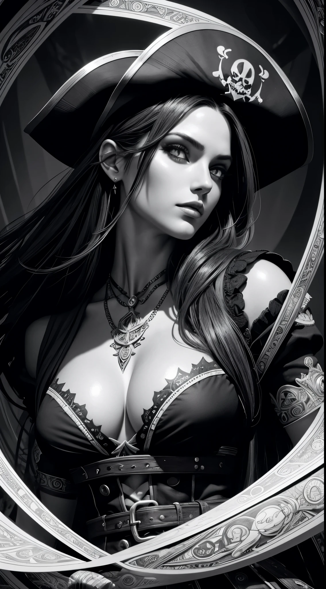 Central portrait of female pirate, Black and white, Tangled (Best quality at best) ultra - detailed, Thin line drawing, thin line art, Coloring book illustration style, Complex lines, very detailed illustration, perfect compositions, Beautiful and stunning, dynamic angle, hight contrast, Incredible shadows, incredibily detailed, Unique style, Black and white details, (Dark and mysterious atmosphere), Complex and detailed natural elements.