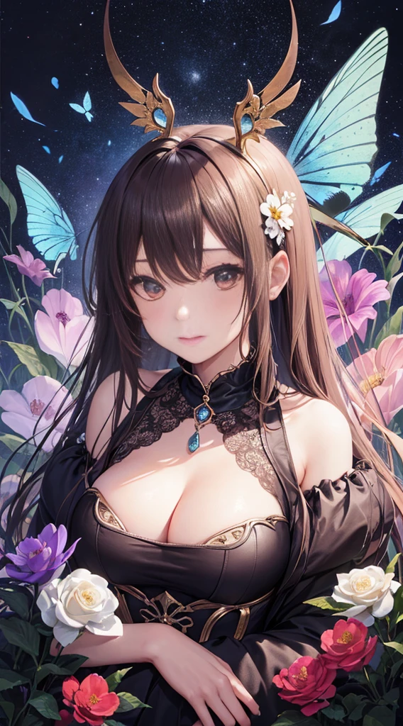 (tmasterpiece:1.1),(Best quality at best:1.1),(HighDynamicRange:1),ambient lights,hyper qualit,( Super detailed original image),(1个Giant Breast Girl, The upper part of the body),((harajuku fashion)),((flower with human eyes, flower eyes)),double contact,流体抽象Artistically的融合,Glitching,(Original illustration composition),(Limited color blending, 极简Artistically风格, 几何Artistically风格, butterflys, Artistically),underdressing