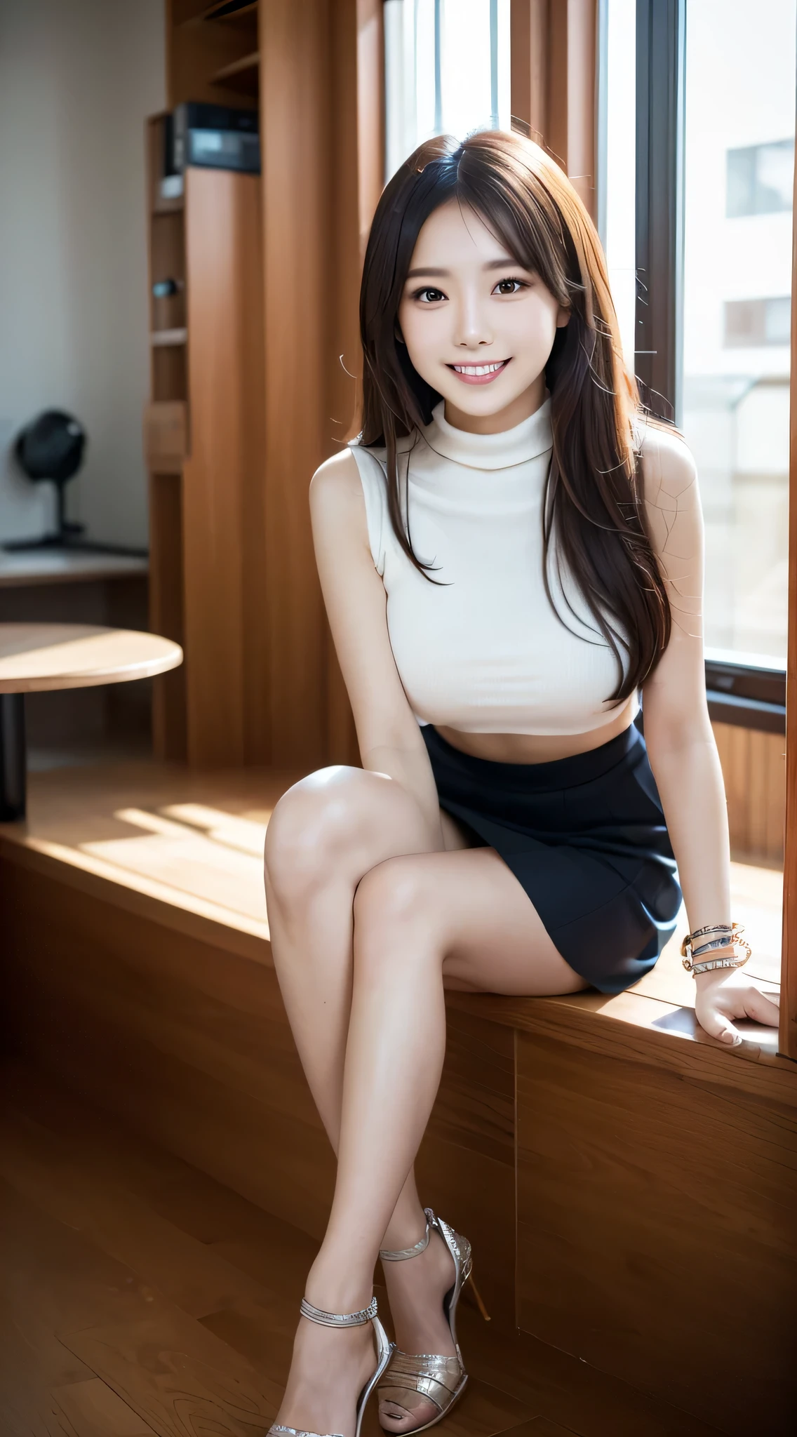 1girl in, 24 year old,（11 head body:2.0）,（beauty legs:2.0),(Refreshing smile:1.2),(Look at viewers:1.1）,straight haired, Long hair, （hide one's hands:2.0） ,mideum breasts ,(A bracelet:),（耳环）,（High neck sleeveless knit), （micro skirt:1.5),beauty legs、pin heels、tall、Sit and cross your legs, (a japanese girl, hposing Gravure Idol), 、(hall:1.2), 135 mm, Fuji Film,