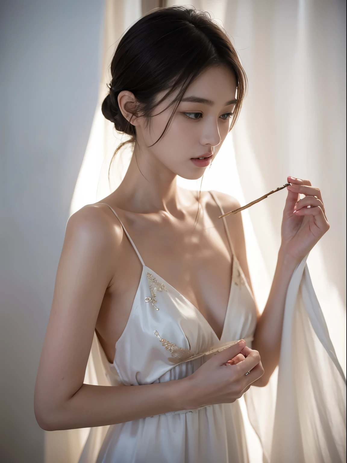 (Photorealistic),(Masterpiece),(ultra-detailed),a really close shot of very pretty tall idol girl but so busy that she had starved for a month so very close to fainting but somehow stays bright for her fans and has extremely thin feeble fragile small body which are just bones and thinner than sticks and she is wearing a white loose silk dress,ghostly appearance because of thinness but beautiful