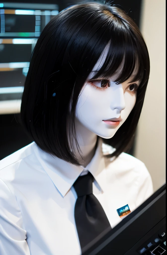 A very white mannequin(30-years old　Wearing a uniform　Black straight hair　Bangs Patsun　elongated face)　Touching a computer