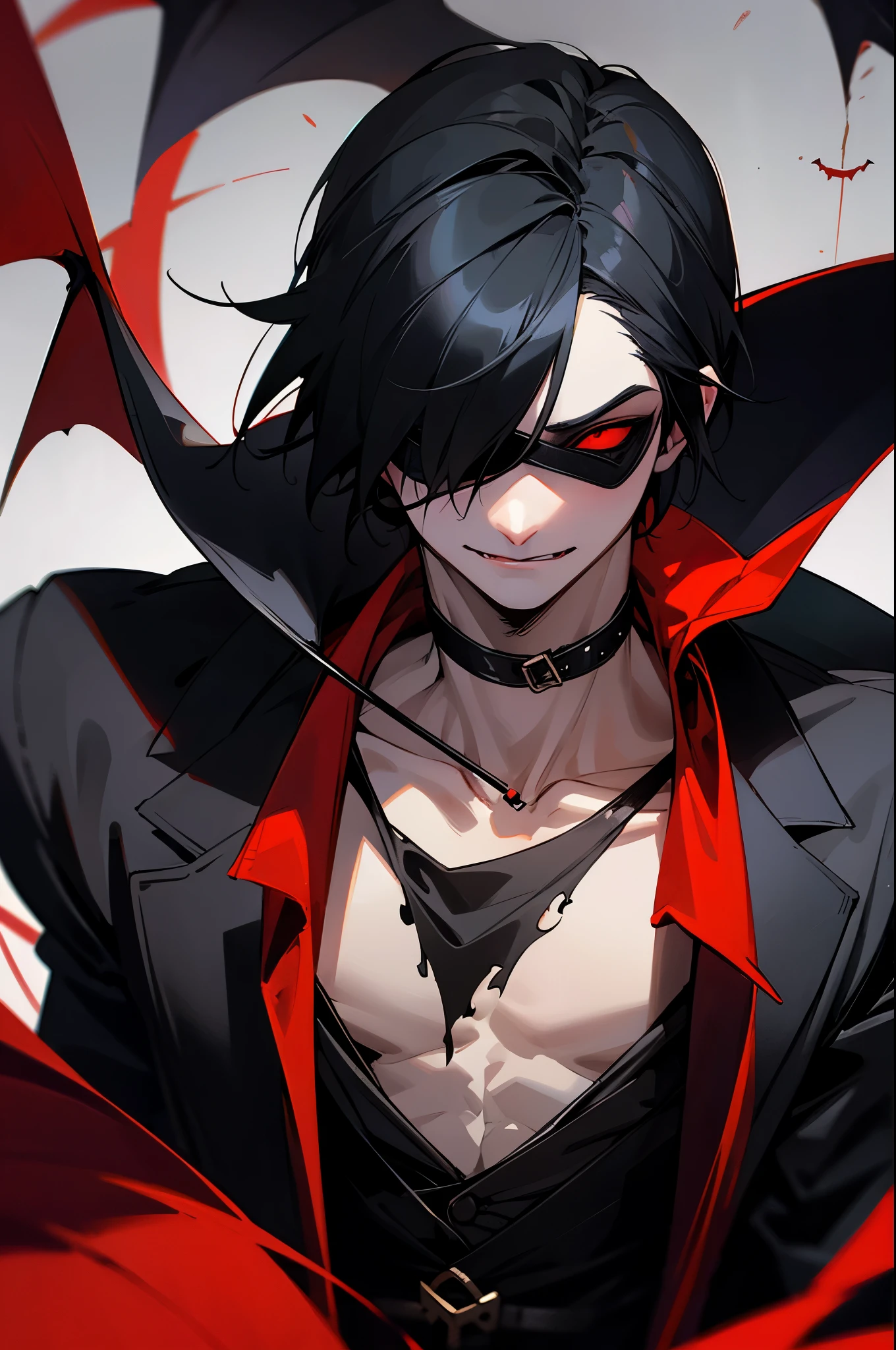 Vampire boy with black blindfold and black hair and cane and bats in background