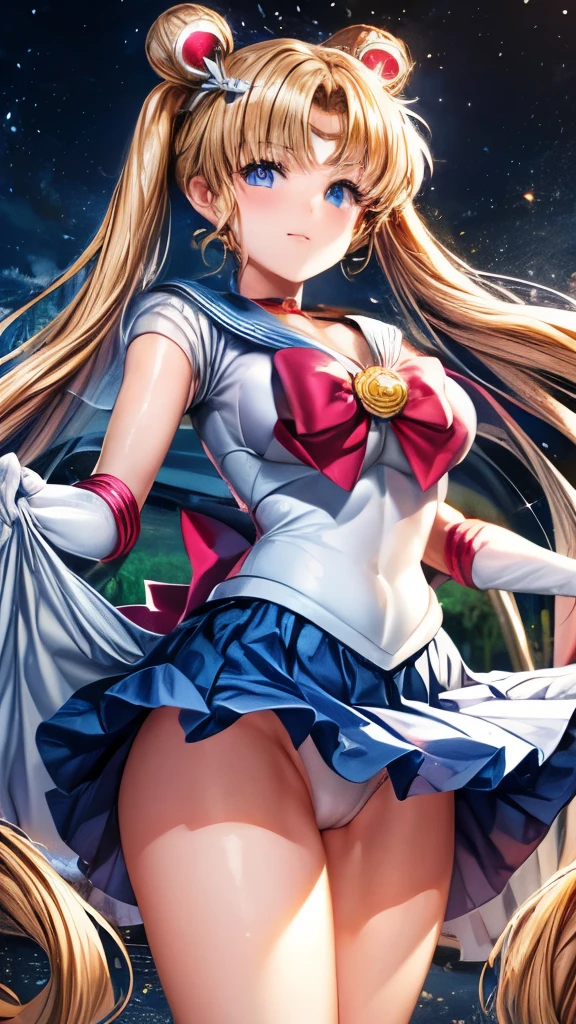 (best quality:1.4), highres, masterpiece, 4k, ultra detailed, intricate detail,1girl,, tsukino usagi.lifting skirt, white panties
