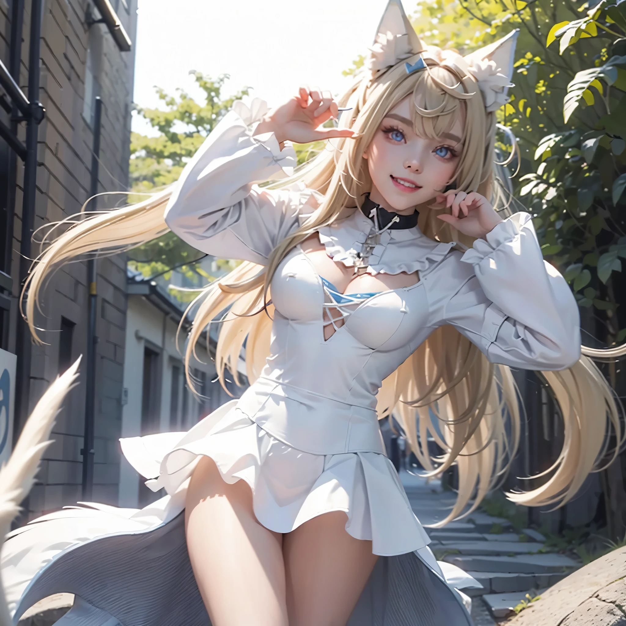 1 girl, solo, FuwawaAbyssgard, blonde hair, fake wolf ears, deep red eyes, light smile, transparent white knee_highs, oversized white blouse, black jean jacket, light blue skirt, cat girl pose, ruffled hair, fang out, fangs, gorgeous girl, slim girl, medium breasts, open clothes, looking at viewer, warm colours, scenic atmosphere, grass landscape, cute pose