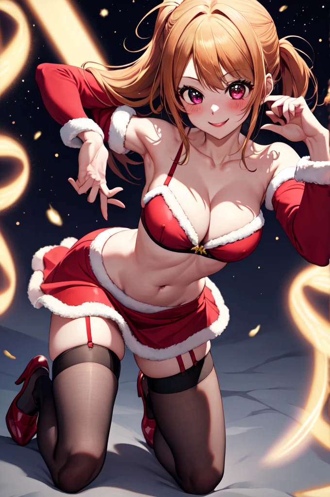 anime, beautiful face, highly detailed face, 2 accurate legs detailed eyes, highly detailed background, perfect lighting, accurate arms, accurate hands, accurate fingers, full body, 1girl, solo, ruby hoshino, oshi no ko, female santa, sexy santa outfit, heels, thighhighs, garter stockings, absurdres, high res, ultrasharp, 8K, masterpiece, looking at viewer (sexy pose:1.4), (full body:1.4), smiling with compassion, loving smile, nsfw, nearly nude, wearing bra, wearing miniskirt, full of delight, smiling full of compassion, holding a santa bag with hands, santa bag over her shoulders, blushed, cleavage, breast, leaning_forward, sntdrs