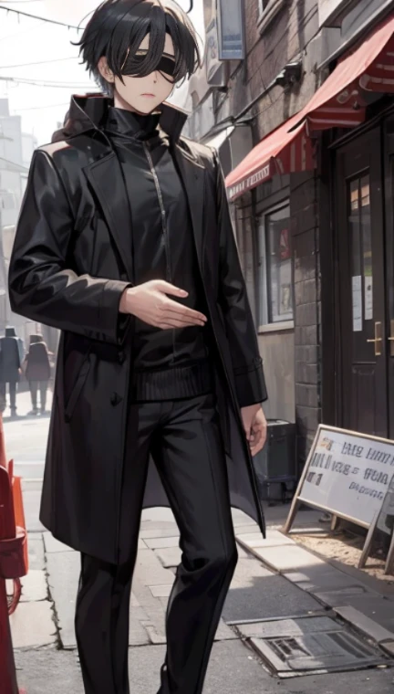 a black trench coat，White hair wearing black blindfold，Steady，Leisurely，cheerful，reason，The background is dark