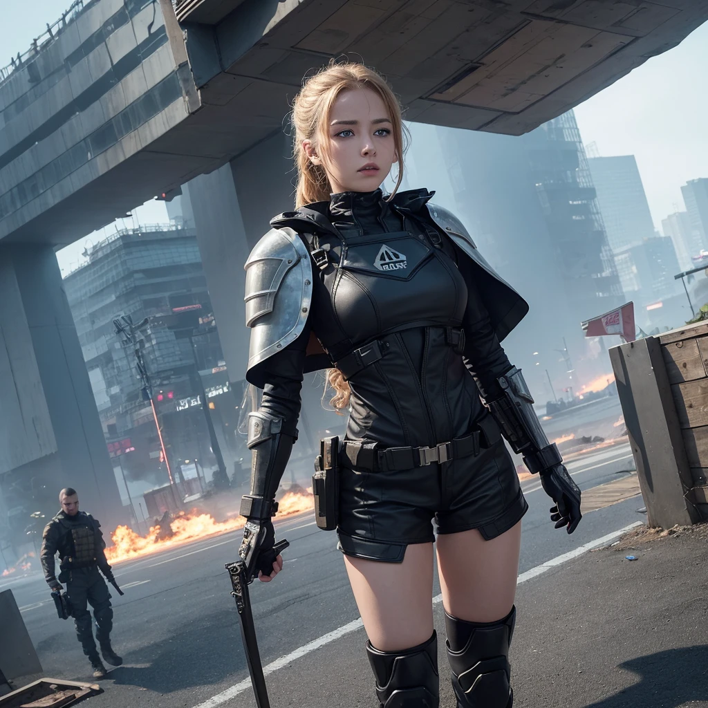 Explosive Combat: Immerse your viewers in the heart-pounding chaos,Call of Duty mobile, with a 4K featuring intense battlefield, explosions and soldiers in action.Special Ops 3 - Air Brush,shinobitech , scifi, shinobi, bulky metal , (cyberpunk:1.1) , neon lights, hatsune miku, 1girl, female knight, armor, holding sword, full body, glowing cape , standing, masterpiece, best quality, beautiful sexy young woman,golden curly hair,Blue eyes,