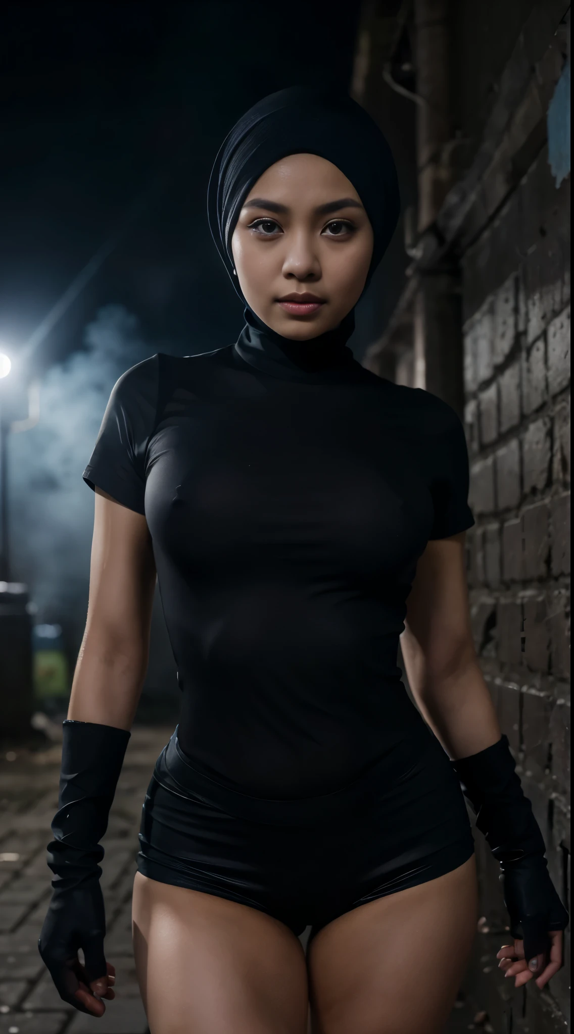 masterpiece, Best Quality, hight resolution, 1 malay girl in hijab, Solo, hijab, Blue eyes, Black Gloves, sexy exposed Police Uniform, black tight short pants, Short sleeves, Close up Shot, dark alley background, nighttime, a lot of smoke in background, horror scene,