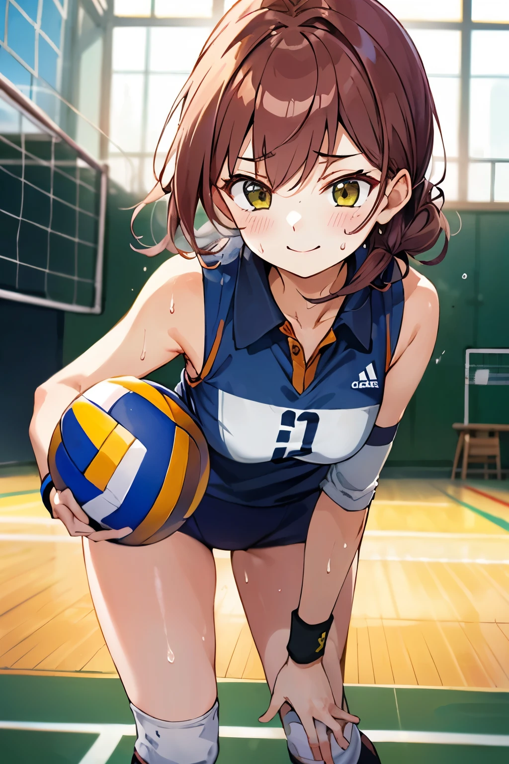 unity 8k wallpaper, anatomically correct, (((masterpiece))), (((best quality))), (((ultra detailed))), (((high-resolution))), ((super fine illustration)), ((Ultimate cutie)), ((detailed beautiful face)), ((perfect hands)), ((perfect finger)), (((good anatomy))), Solo, One girl, , (potbelly), (Curve), medium breasts, ((thick thighs)), Shiny hair, ((evil smile)), (smirk), (blush)), BREAK, Adidas, (((Buruma))), (Sleeveless collared Volleyball Uniforms), head band, ((wristbands)), ((Kneepads)), BREAK, ((Hold a beautiful spherical 6-inch volleyball with both hands)), (leaning forward), ((Sweat)), (perspired), (Heavy breathing), in gymnasium, in volleyball court, depth of field, strong light, ((Looking down)), cowboy shot
