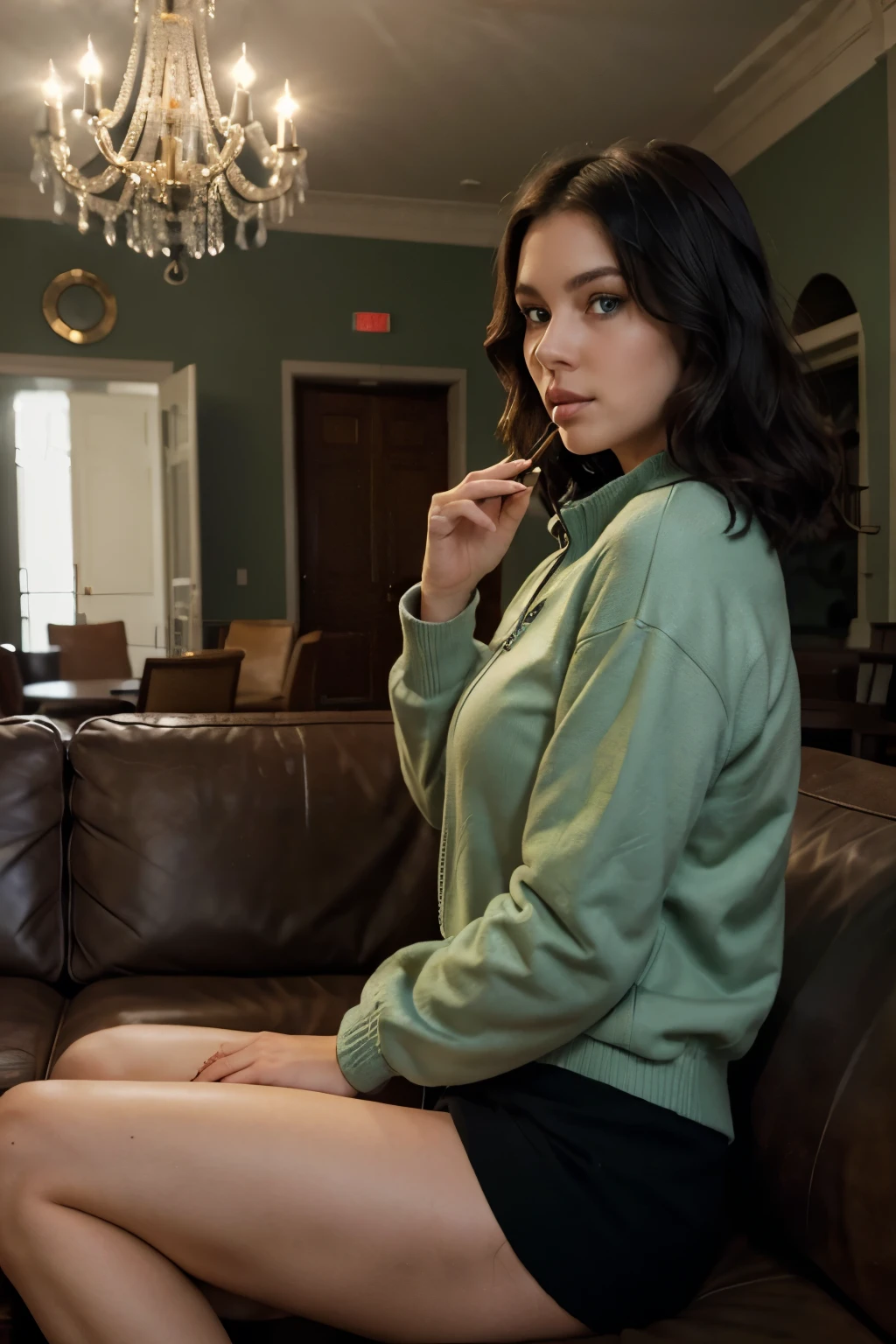 A side view of a white girl with blue eyes and short dark wavy hair, she is wearing a dark green half zip-up collared sweater, she is smoking a cigar, she is sitting on a brown leather couch in a dark living room with a big chandelier, she is looking at the darkness outside