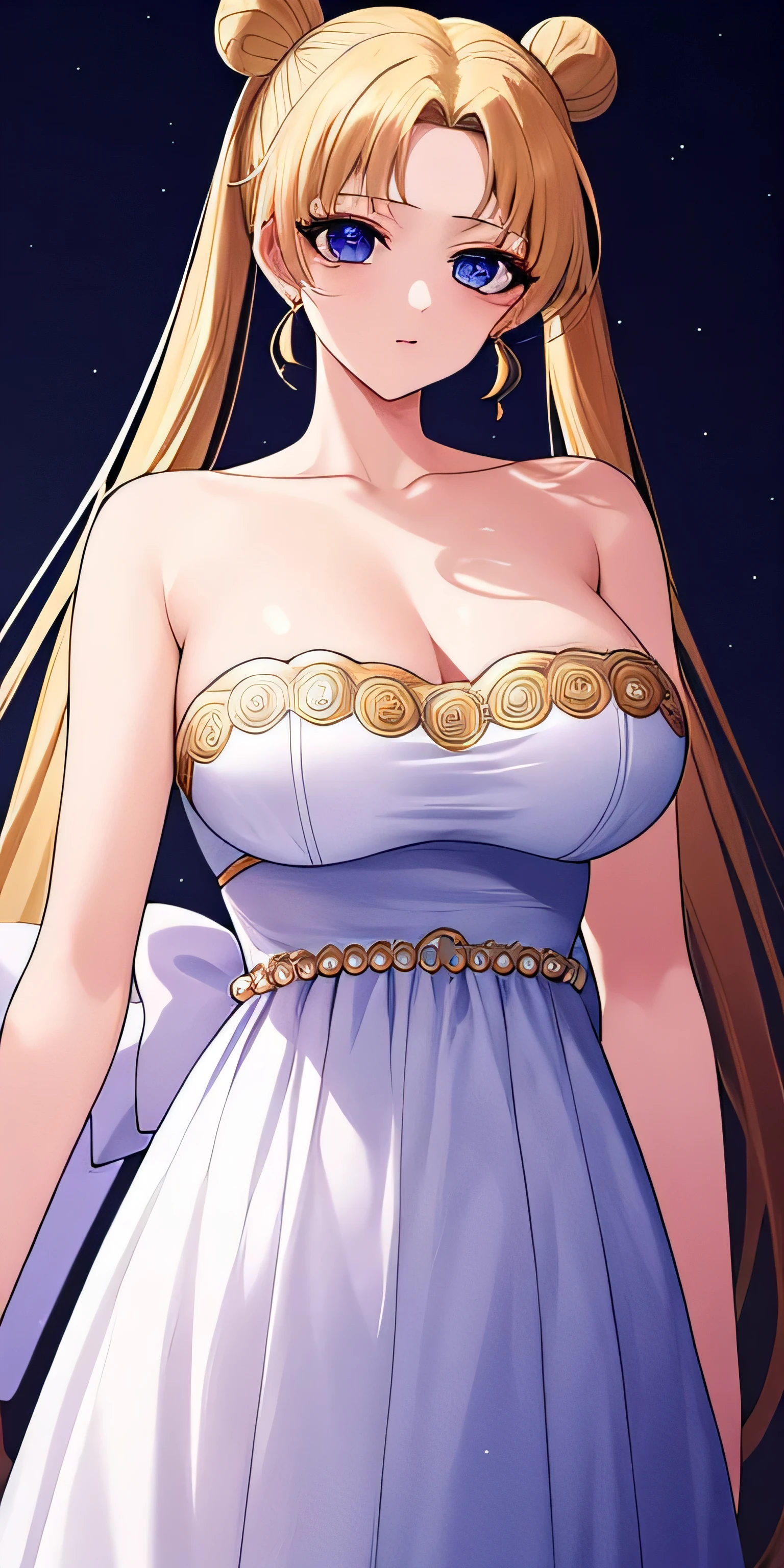SMU Sagitsukino, 큰pectorals, Standing, Solo, Masterpiece, Best Quality, Detailed face, Detailed Eyes, high resolucion, Masterpiece, Best Quality, Detailed face, Detailed Eyes, high resolucion, SM princess costume,tranquility,프린세스tranquility,네오퀸tranquility,pectorals,Big,거대한pectorals,풍만한pectorals.a blond,dumpling head,왕pectorals,breast,forehead crescent moon,젖pectorals,흘러넘치는pectorals,voluptuousness,The dress