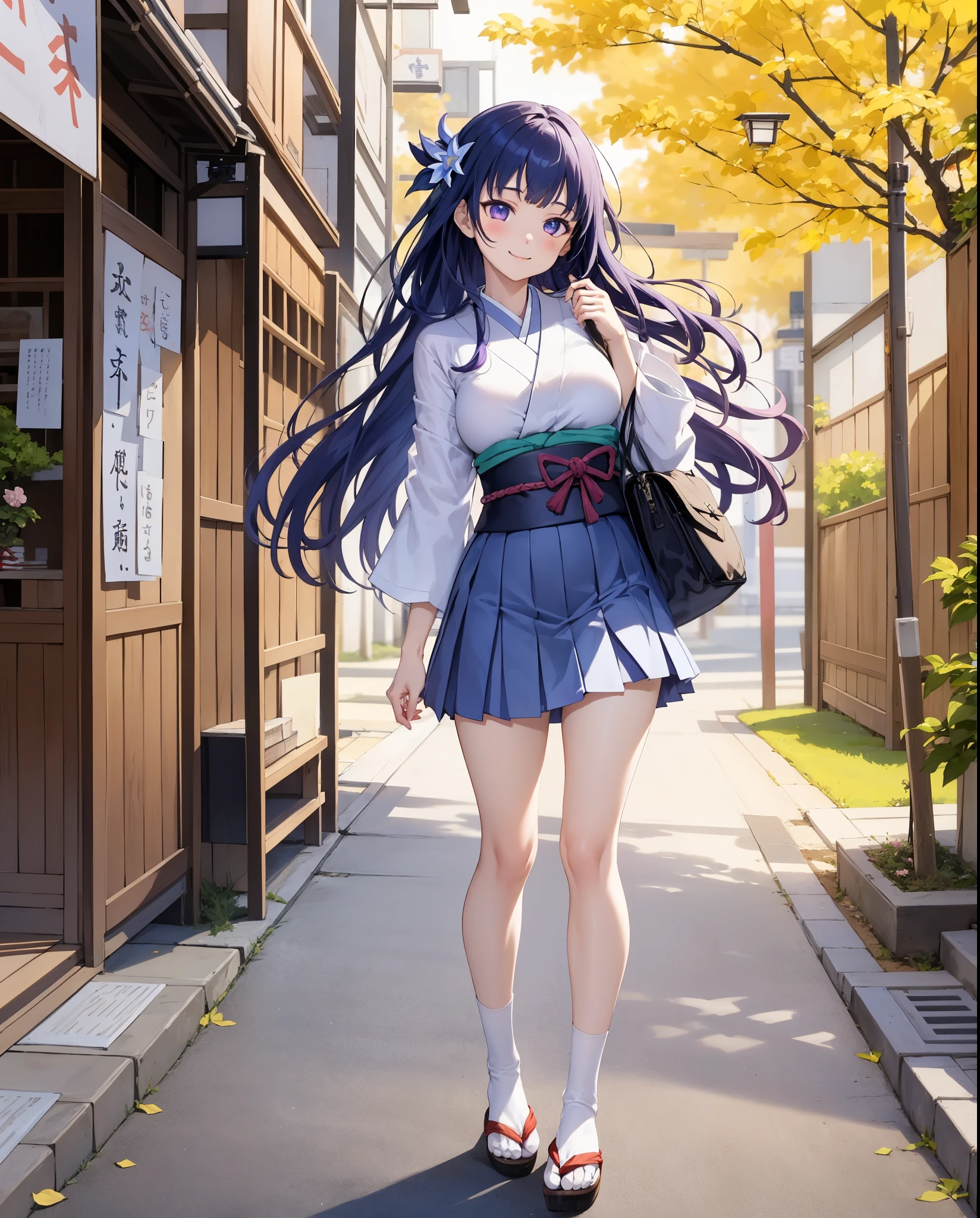 raiden, genshin impact, 1girl, solo, long hair, ((japan student)), head tilt, corset,  purple hair, road alley ,text, tree, look at camera ,advertise, Blowing leaves ,wind,leather bag, white shirt, pleat skirt, full protrait ,student shoe , standing , turn sideway, midday, (see feet), (((cute face))),tall
