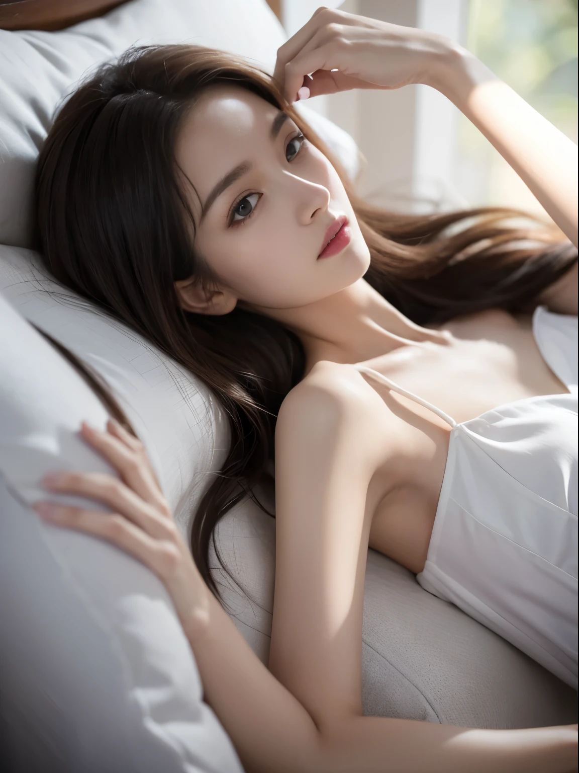 (best quality,8k,photorealistic:1.2),1 girl, wearing lace underwear, lying in the bedroom, soft lighting, delicate lace patterns, silky smooth skin, tousled hair, intimate ambiance, sensual and seductive atmosphere, elegant and luxurious bedroom, beautiful and alluring pose, graceful and feminine figure, vibrant colors, exquisite details, realistic texture, immersive and captivating scene.mix4