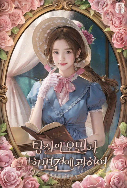 noble girl, brown hair, brown eyes, wearing a blue dress, Wearing a hat with a pink ribbon, wearing gloves, reading a book