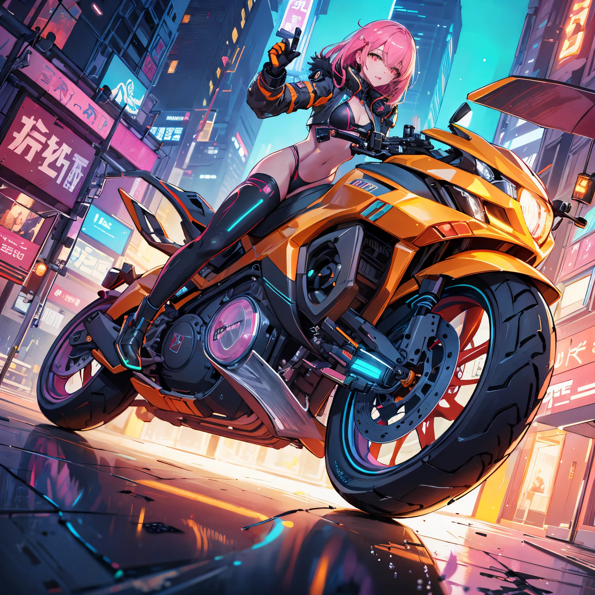 (masterpiece), best quality, expressive eyes,swaying hair,Dynamic hair, armed girls in Cyberpunk outfit holding weapon and riding motorcycle on Cyber city street, glowing eyes,long luster coat with front opening, luster bikini under the coat, gloves, luster thighhighs boots, cleavage, navel, cameltoe, luminous headphones, luminous headgears, (luminous accessories:1.2) ,glowing neon,fluorescent orange,cyberpunk, cyber city, blue_light, blue_neon, midnight,perspective,wet ground, pink_sky, dynamic blur background,dutch_angle,vivid colors,ftsbk