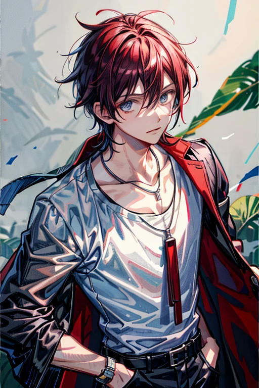 1boy,uchiha Sasuke, hand on pocket, on cool background,red hair, stylish outfit, blue eyes, hair between eyes, jewelry, leaf, looking at viewer, male focus, necklace, pants, shirt, solo, watch, white pants, wristwatch, messy hair, trending on artstation, 8k resolution, highly detailed, anatomically correct, sharp image, digital painting, concept art, trending on pixiv, style of makoto shinkai,
