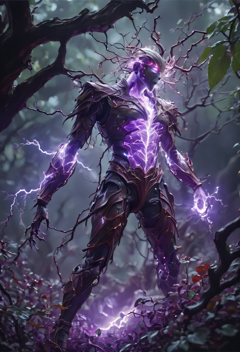 Magic plantloody Oni Vine from the abyss, Oni Vine,Blood-red vines stare at the dead,carismatic,Incredible,terror,(Wrapped purple magic lightning:1.5), epic magic power, The vines shine brightly, Electric Power Branch, epic thunderstorm, terror冲击, Surreal, Crazy, Whimsical, Octagonal rendering, iintricate,