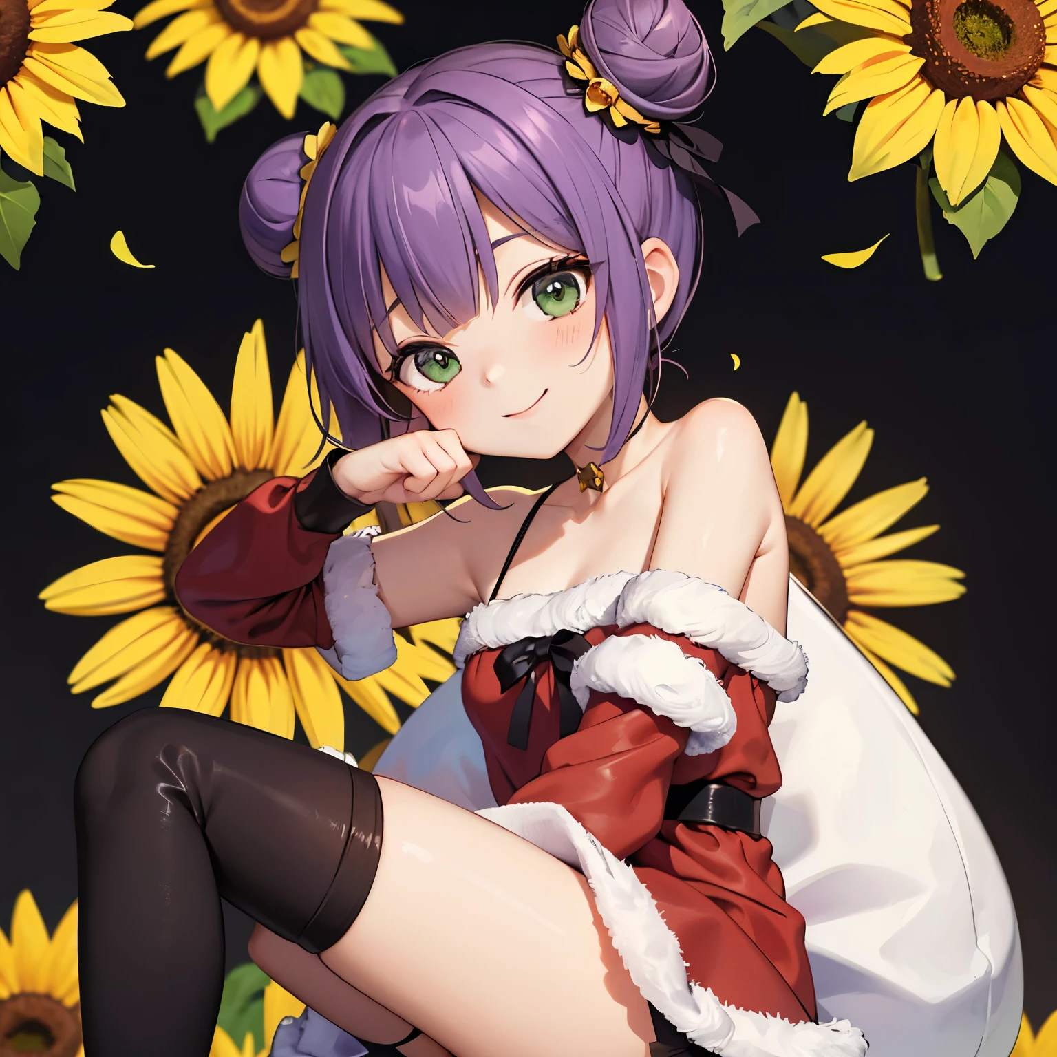 ((Best Quality)), (((masuter piece)))、Solo、Perfect face,(((Violet hair)))、faded green eyes、(bobhair)、short-hair、(((two bun hairstyle)))、Ahoge、(a smile)、((Santa Claus Costume))、(((Black Knee High Socks)))、hoodie style costume、sunflower accessories、sunflower hair tie、,the pose、energetic the pose、((Chibi Chara))、瞳に☆の形の模様がある
