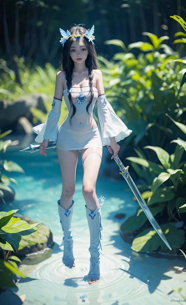 the hair,Nice face,blue bikini armor,Heterochromatic pupil,fully body photo,half moon,under moonlight,(tmasterpiece:1.1),(Best quality:1.1),(HighDynamicRange:1),ambient light,Super quality,( Super detailed original image),(1 Sister, Upper part of the body),((harajuku fashion)),((flower with human eyes, flower eyes)),double contact,A fusion of fluid abstract art,An error occurred,(Original illustration composition),(Limited color mixing, Minimalist art style, butterflys, artistically),