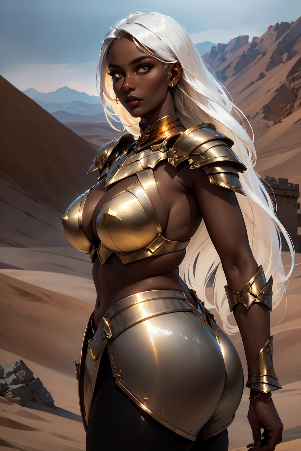 (masterpiece, best quality, perfect face, beautiful and aesthetic:1.2, highest detailed face), (beautiful female worrior, long flowing white hair, (dark skin:1.4), amber eyes, huge breasts, slender waist, plump ass, wide hips, thick tights), (voluptuous body:1.1), (desert, desert ruins), extremely detailed eyes, detailed skin, skin pores, ((raveling armor, skimpy armor bikini, gold jewelry)), cinematic lighting, dim light, dimly lit, looking at viewer, (seductive pose:1.4), standing, from behind, (solo:1.4), (high quality, CG, 4k, extremely detailed, hyper realism, dramatic light, sharp, HDR)